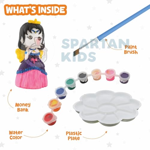 Image of Spartan Kids Paint Your Own Princess Figurine Piggy Bank for Kids, DIY Watercolor Craft Activity Set with Lock, Creative Money Saving Box for Boys and Girls, Best Birthday Party Return Gift (20, Doll)