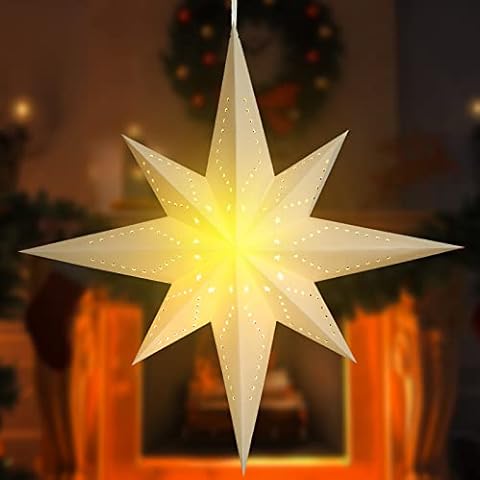 Paper Star Lantern Christmas 8 Pointed Hanging Star with LED Light String Lampshade Pendant Xmas Ornament for Wedding Holiday Birthday Home Decor 23.6 Inches(White) Cover