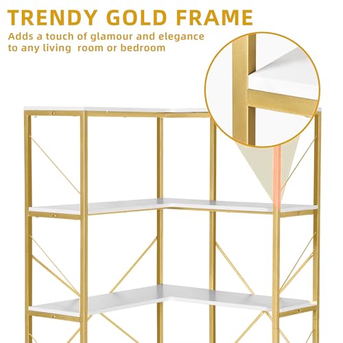 DWVO Corner Bookshelf, 5-Tier L-Shaped Bookshelf Storage Organizer, Tall Corner Bookcase Open Display Freestanding Storage Rack for Living Room, Home Office, Gold