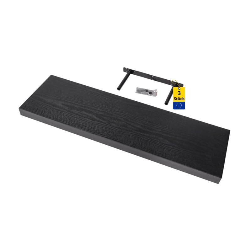 Velano - Bücherregal Wand 3er Set - Schweberegal 118x23.5 cm - Hängeregal Schwarz Holz - Küchenregal - Bücherregal Kinder - Deko Wohnzimmer - Gewürzregal