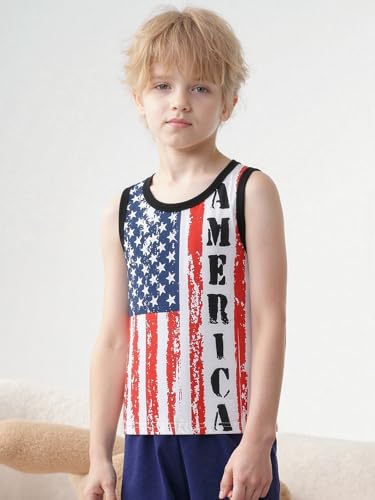 Image of Toddler Boys 4th of July Tank Cotton Kids American Flag Shirts Patriotic Sleeveless Tees Top 2-7 Years