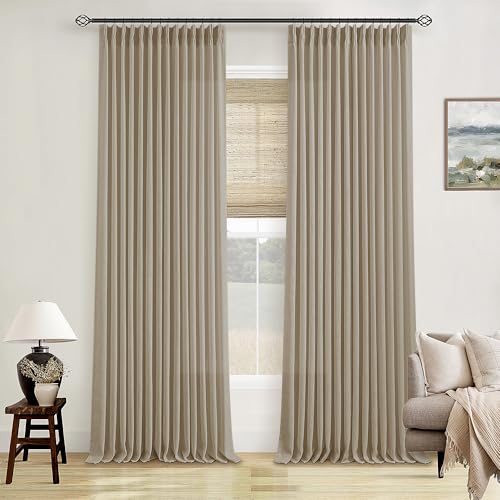 Image of Neutral Pinch Pleated 96 Inch Curtains 2 Panels Set for Windows Flax Linen Textured Drapes Pinch Pleat Back Tab Privacy Light Filtering Greige Curtain Drape with Hooks Rings for Living Room Bedroom