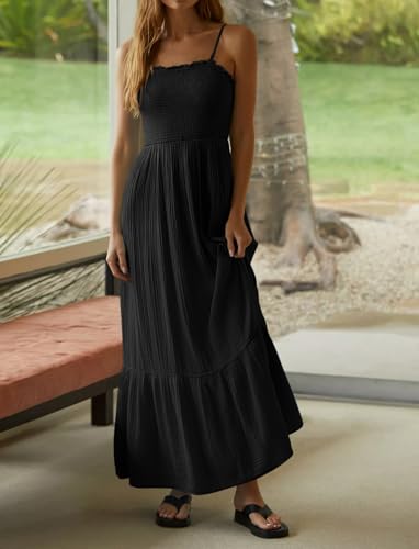 Image of R.Vivimos Womens Summer Boho Cotton Maxi Dress Adjustable Spaghetti Strap Elastic Smocked Casual Ruffle Hem Flowy Beach Dress