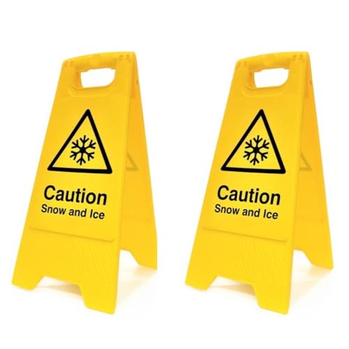Image of Caution Snow And Ice Floor Sign - Pack of 2 | Double-Sided Safety Warning Sign | Foldable A-Frame, High Visibility | Winter & Outdoor Safety