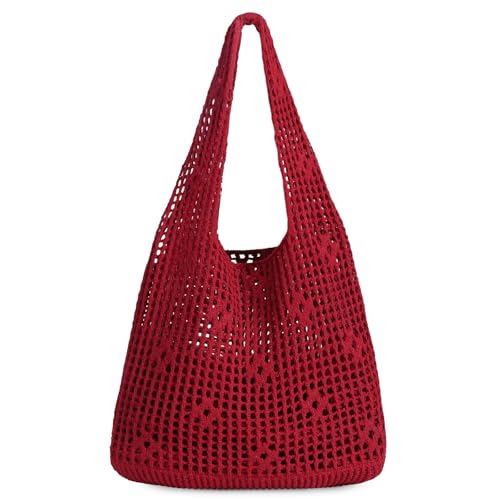 Sightor Crochet Tote Bag Mesh Beach Bag Knit Summer Hobo Bag Vacation Boho Tote Bag for Women (Hollow out Red)