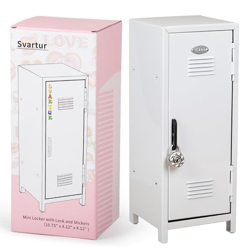 Mini Locker with Lock & Keys, Stickers, Metal Small Locker for Desktop, Girls Lockbox Desktop Storage Organizer, Money Safe and Cash Lock Box for Girls Safe, White