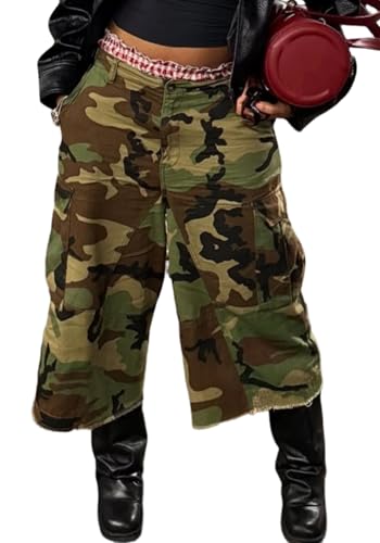 Image of Women's Barrel Camo Pants High Waisted Wide Leg Peated Palazzo Camouflage Capris Baggy Y2k Army Fatigue Trousers