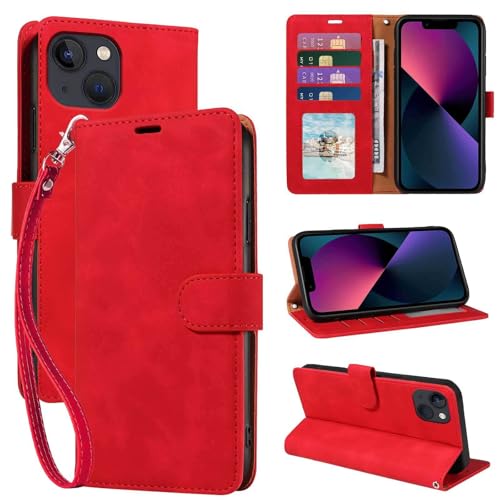 JHWVVTF for iPhone 13 Wallet Case, RFID Blocking 4 Card Slots Holder, Wrist Strap, Shockproof Protective, Stand Soft PU Leather Folio Flip Cover for iPhone 13 Phone Case (Red)