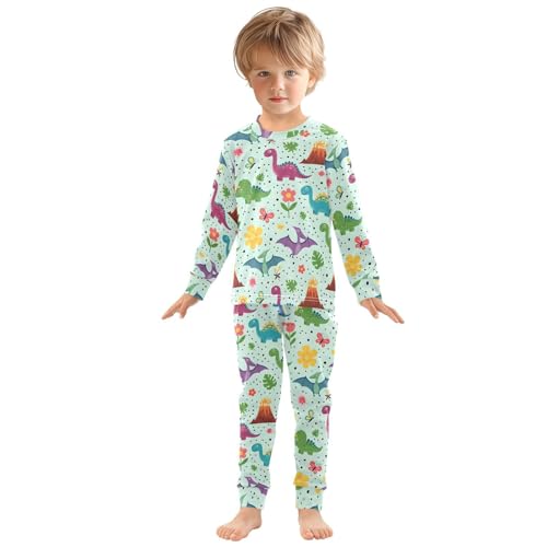 Pajama Sets Long Sleeve Dinosaurs Flowers Butterflies on Green Soft Comfy Sleepwear 2 Piece PJS 3-8T2