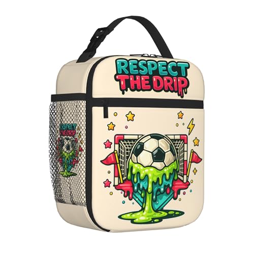 WOEMOZAP Respect The Drip Soccer Lunch Box for Boys Cool Soccer Ball Insulated Lunch Bag with Bottle Pocket Kids Teen Youth Lunch Tote for School Sports Work & Travel