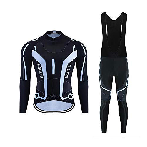 Moxilyn Traje Jerseys de Ciclismo para Hombre,Conjunto Ropa de Ciclo Manga Larga,Pantalones Acolchados Top + 20D de Manga Larga Pantalones,A Prueba de Viento, Transpirable y Que Absorbe El Sudor