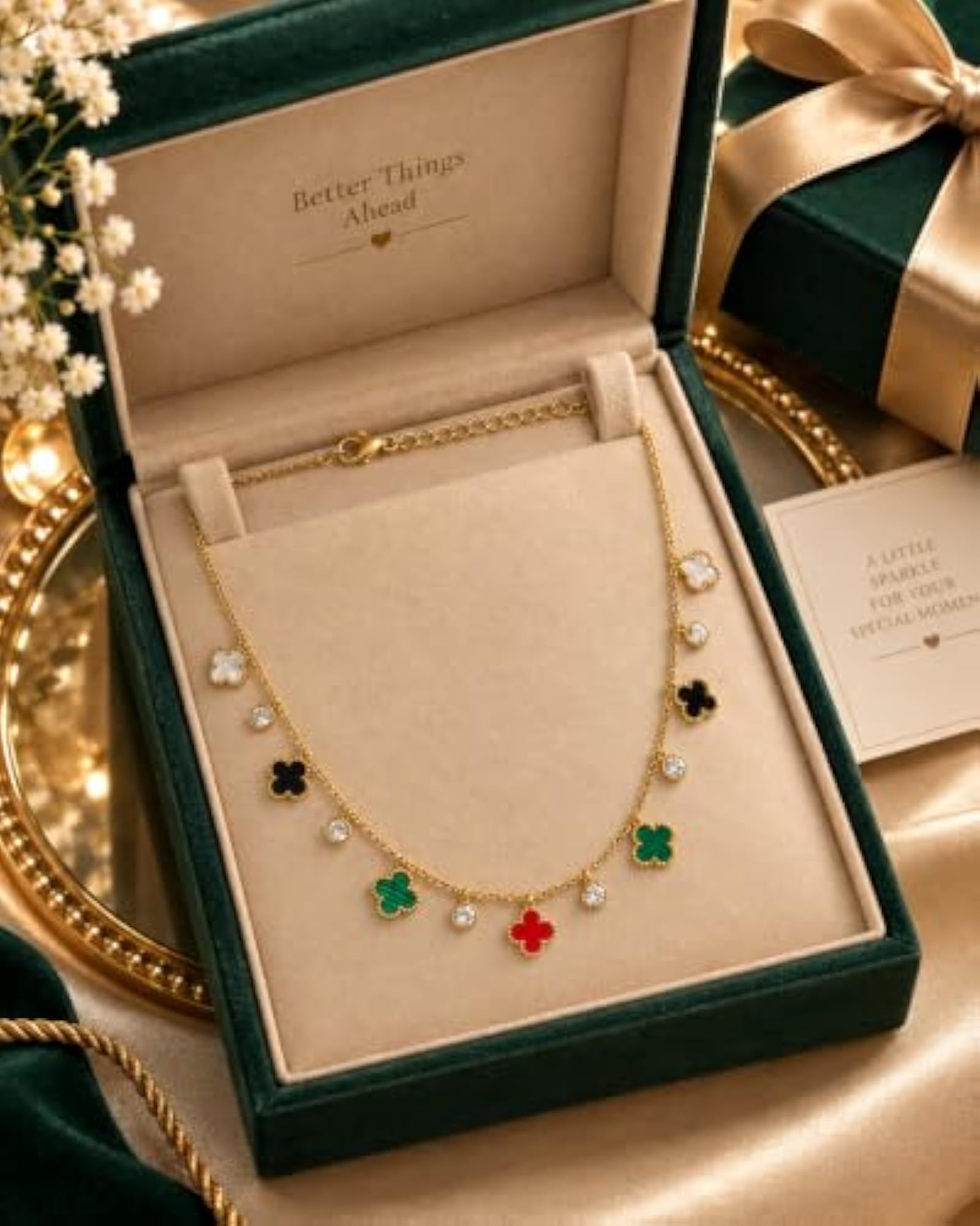 Four Leaf Clover Charm Necklace with Crystal Accents, Gold-Plated