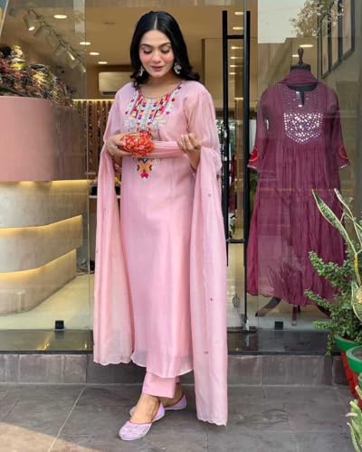 Image of Women's Cotton Mirror Work Embroidered Straight Kurti with Pant and Dupatta Set