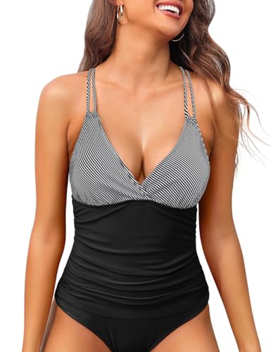 Hilor Women's Underwire Tankini Top Only Ruched Tummy Control Bathing Suits V Neck Crossback Swim Tops3