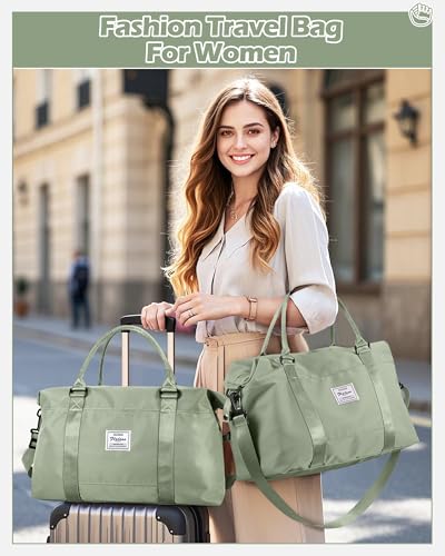 Image of Travel Duffel Bags for Women Mens Waterproof Weekender Carry on Bag Sports Gym Bag Travel Tote Bags with Wet Pocket Overnight Bag Workout Duffel Bags with Trolley Sleeve Grey Green