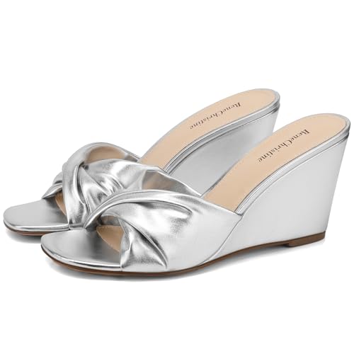Image of Women's Wedges Heeled Slippers Fabric Heels Slip on Comfy Evening Dress Woven Sandals Square Toe Shoes for Women 3.3 inch Heels