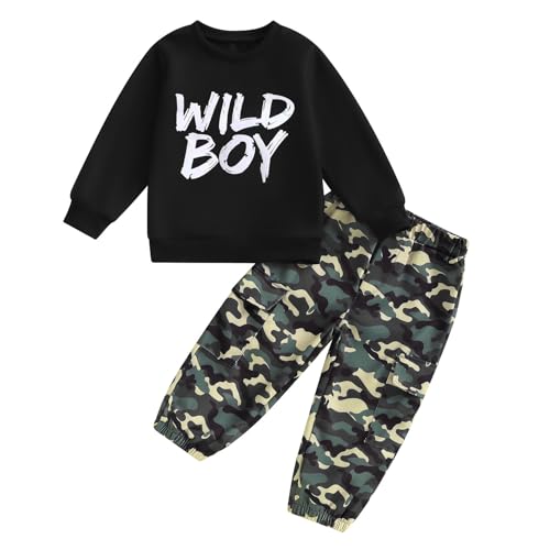 Loalirando Kids Toddler Boys Clothes Letters Print Long Sleeve Pullover Tops + Camouflage Cargo Pants Fall Winter Outfits 1-6T (Black, 3-4T)
