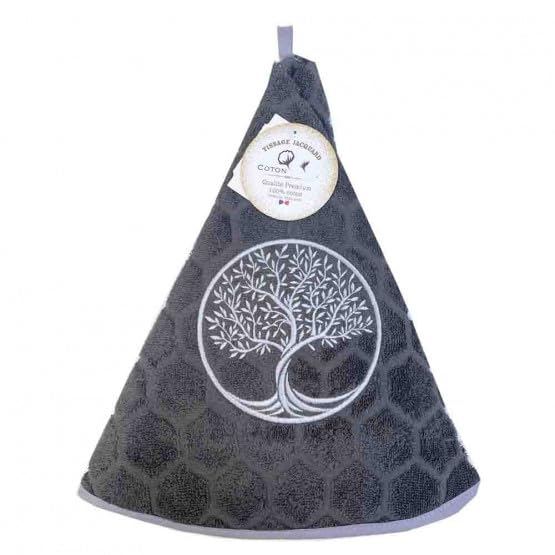 Générique Essuie Main Rond en éponge Tissage Jacquard Arbre de Vie Gris Anthracite Qualité Premium