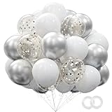 62pcs Party Decorations Balloons Kit - 12 Inches Silver White Confetti Party Balloons for Graduation Birthday Wedding Party Baby Shower Decoration Supplies