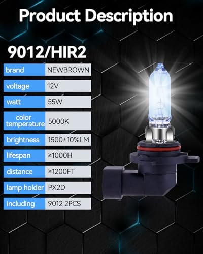 Image of NEWBROWN 9012 HIR2 Headlight Bulb 9012 Halogen Bulb 5000K Super White Light Long Life Replacement PX22D 12V /55W (9012 /HIR2, 2 Pack)