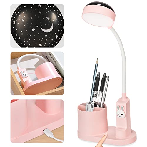 Lampe de Bureau Enfant, 3 en 1 Lampe de Bureau Enfants avec Porte-Stylo et de Pprojection D'étoiles, Lampe de Bureau Rechargeable pour Enfants Réglable en Trois couleurs Lampe de Protection des Yeux
