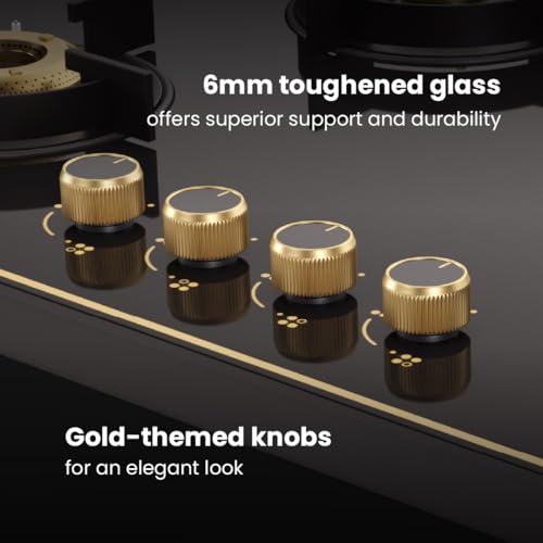 Image of Livspace Intellia 4 Burner Gas Stove | Auto Ignition | Premium Glass Top with Gold Themed knobs | 2 years Warranty | ISI Certifed | Full Brass Burners | 6 mm Toughened Glass | LPG & PNG