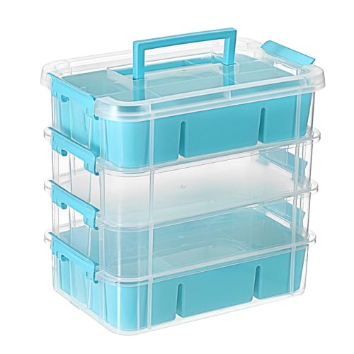 JUXYES 4-Tiers Stack Carry Storage Box With 2 Divided Tray, Transparent Stackable Storage Bin With Handle Lid Latching Storage Container for School & Office Supplies, Blue