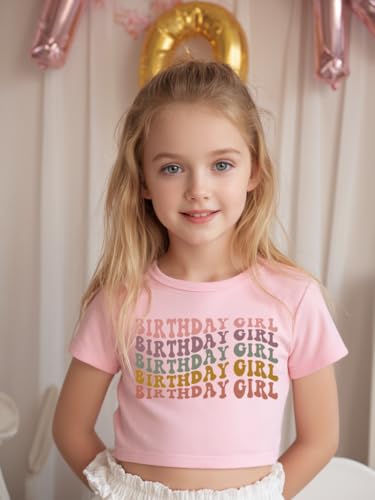 Image of Little Girls Short Sleeve Crop Top Birthday Tshirts Cute Prints for Teen Girls Summer T-Shirt 6-14Years