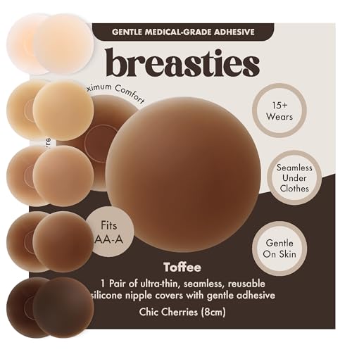 Breasties Adhesive Nipple Covers | Toffee 8cm For AA-A Bra Sizes | 15+ Wears Reusable Round Ultra-Thin Nip Covers For Women Breast | Gentle & Seamless | Silicone Boob Pasties | Medical Grade Adhesive