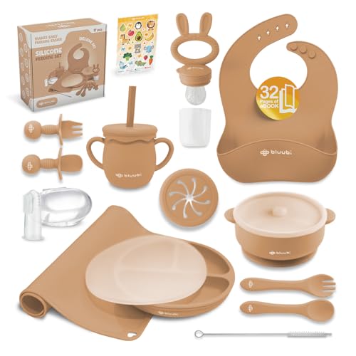 Image of Bluubi Silicone Baby Feeding Set - Infant Tableware for First Foods & Baby, Led Weaning (0+ Months), Easy to Clean, Durable, Perfect for Baby Boy or Girl, Solid Feeding - Ocre - Deluxe