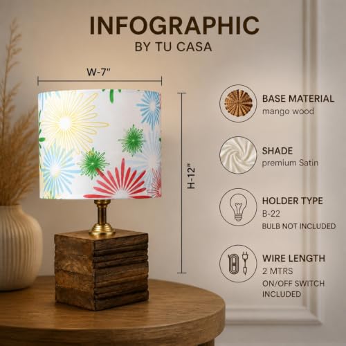 Image of tu casa Bedside Table Lamp Wooden Base Floral Shade Warm Light 12 inch