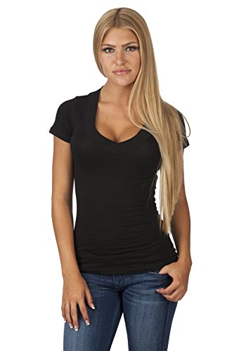 Emmalise Women's Deep V Neck Tshirt Short Sleeves Tee (Black, Medium)