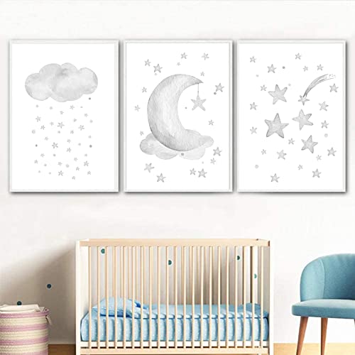 Bfgsrtcbox Grey Moon Wall Decor Nursery Star Print Cloud Art Stars Poster Canvas Printing Painting Pictures Posters Prints For Kids Room Home Girls Bedroom 12X16Inchx3Pcs No Frame #TOP2