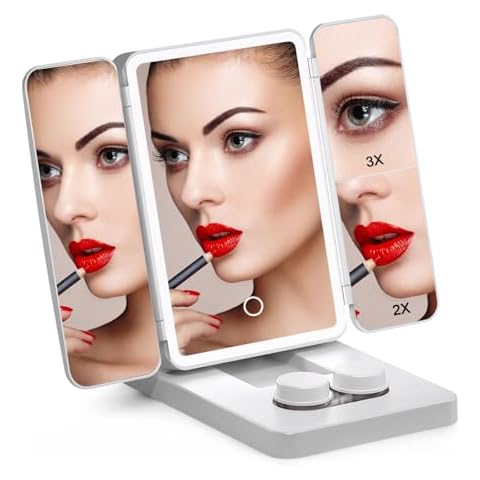 Rechargeable Trifold Travel Makeup Mirror with 76 LED Light - 2 in 1 Vanity Mirror with Foldable, 3 Way Mirror with Magnification, Adjustable Brightness, 3 Colors Modes and Eyeglass (White, M) Cover