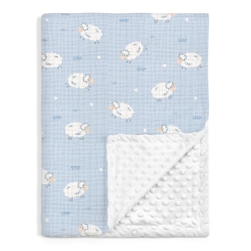 Image of SANDJEST Little Sheep Minky Muslin & Dotted Blanket 30x40 in Gift for Holiday, Gender Reveal Party, Hospital Visit, Baptism