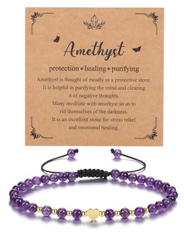 CrystalTears Amethyst Crystal Bracelet for Women 4mm Healing Gemstone Beaded Bracelet with Gold Heart Charm Adjustable Stone Bracelet Jewellry Gifts for Women Girlfriend Mum Birthday Valentines Day