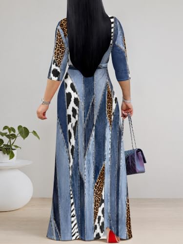 Image of Women's V Neck Floral Maxi Dress 3 /4 Sleeve Plus Size Boho Wrap Flowy Long Dresses with Belt