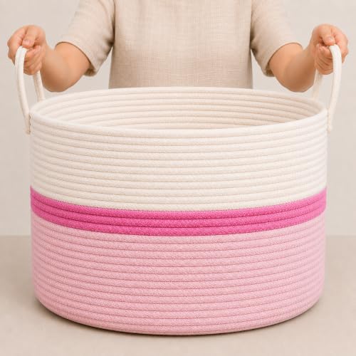 Image of OrganiHaus Round Toy Basket & Blanket Basket, Cotton Rope 20x13 inch | Striped Pink - Round Cotton Rope Basket, 20x13 inch