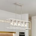 Sicddde Farmhouse Chandeliers for Kitchen Island, Modern 5-Light Rectangle Chandelier, Brushed Nickel Linear Pendant Lighting Fixture with Clear Glass Shade, L35.4 Inch
