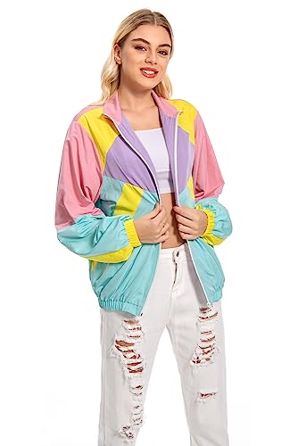 80s Color Block Jacket for Women, Neon Windbreaker Tracksuit Retro Workout Outfit for Themed Party3