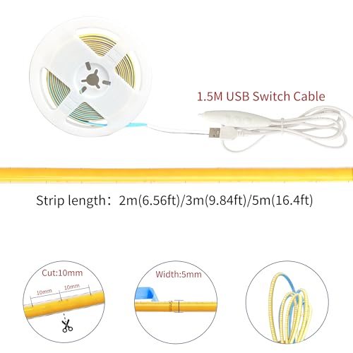 Image of 5V 5mm Width USB COB LED Strip Lights with Dimmable Switch,6.56FT /2M,Warm White 3000K,400LEDs /M,8W /M,CRI90,1500lm,Electroplated Double-Sided Panel Light Strip,IP20,for Indoor Decoration