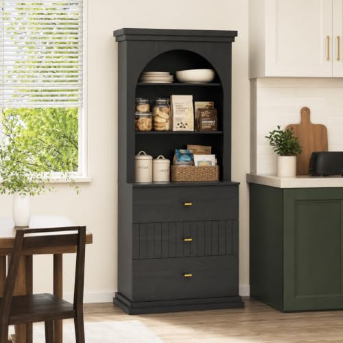 Image of ivaniti 71 inch Arched Kitchen Pantry Cabinet with 3 Drawers, Black Freestanding Storage Hutch with Open Shelves and Gold Handles for Kitchen, Dining Room