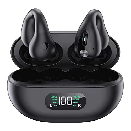 Ertuly Wireless Ear Clip Bone Conduction Earbuds Bluetooth 5.3 for Android iPhone, Small Open Ear Headphones Sport Earbuds with Earhooks Up to 16 Hours Playtime Waterproof Outer Ear Earphones, Black