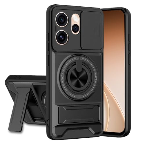 Image of Oppo Reno 15 Pro 5G Back Cover | Armor Camera Slider 360 Degree Rotating Finger Ring Holder Case with Bracket Stand Back Case Cover (Compatible with MagSafe Accessories) (Black)