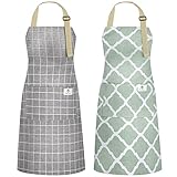 NLUS 2 Pack Kitchen Cooking Aprons, Adjustable Bib Waterproof Chef Apron with 2 Pockets for Men Women(Green Plaid/Grey Plaid)