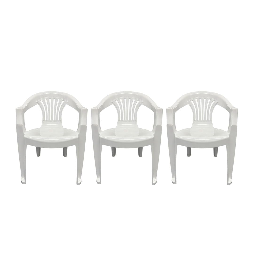 ORGANIZED Low Back Plastic Garden Chair, Lightweight, Weather Resistant, for Indoor and Outdoor Patio, Balcony, Lawn, Terrace, Kitchen and Dining Room (3, White)