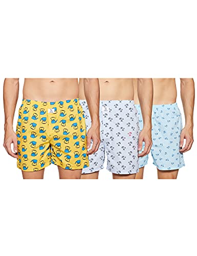 Image of Longies Cotton Mens Boxers Pack of 3 Regular Printed (LGBOXPO3VOO3 Sky Blue,Yellow,Blue3359 S)