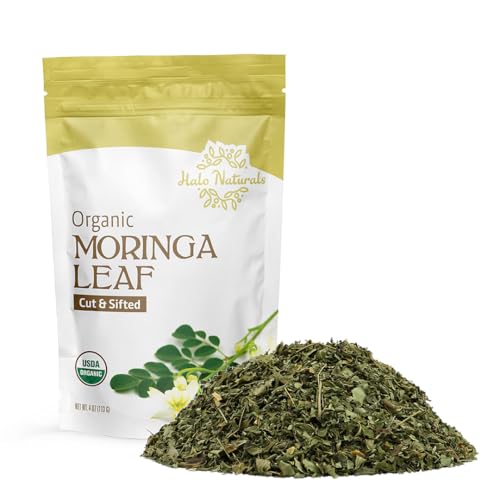Halo Naturals Organic Moringa Leaf Cut & Sifted, 4 Ounces (Moringa oleifera) USDA Certified | Resealable Pouch| Packaged in The USA