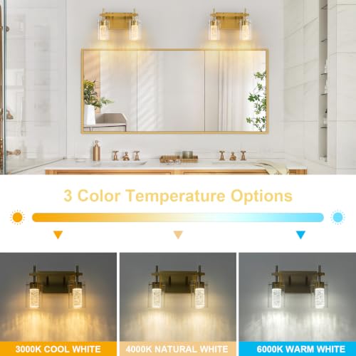 Image of 2-Light Gold Vanity Light with 3 Color Modes (3000K /4000K /6000K), Eye Protection LED Bathroom Light Fixture, Dimmable Modern Wall Light Over Mirror with Clear Glass Shade