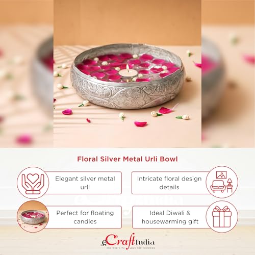 Image of eCraftIndia Floral Designer Silver Metal Urli Bowl for Home Decoration Office Tv Unit Kitchen Showpiece for Good Luck | Urli for Living Room Diwali Gift